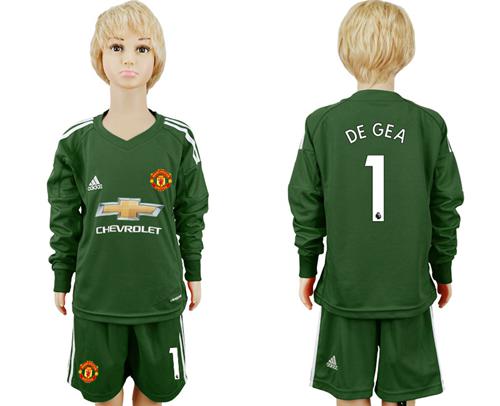 Manchester United #1 De Gea Green Goalkeeper Long Sleeves Kid Soccer Club Jersey - Click Image to Close